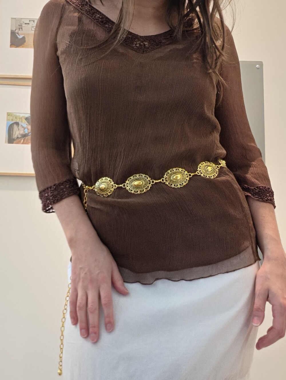 Vintage Y2K 100% Silk Sheer Brown Blouse | Lace Trim Boho Fairy Top